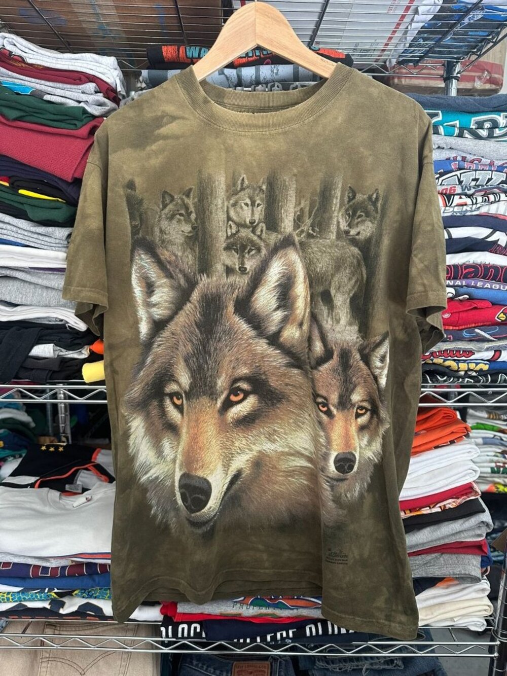 Vintage Y2K The Mountain Wolf Pack T-Shirt Gorpcore Nature Granola Olive Tie Dye